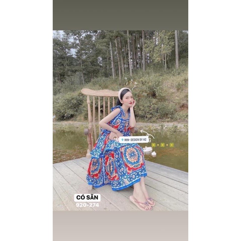 Đầm Tầng Tay Nơ Xanh Thổ Cẩm Nhập QC | BigBuy360 - bigbuy360.vn