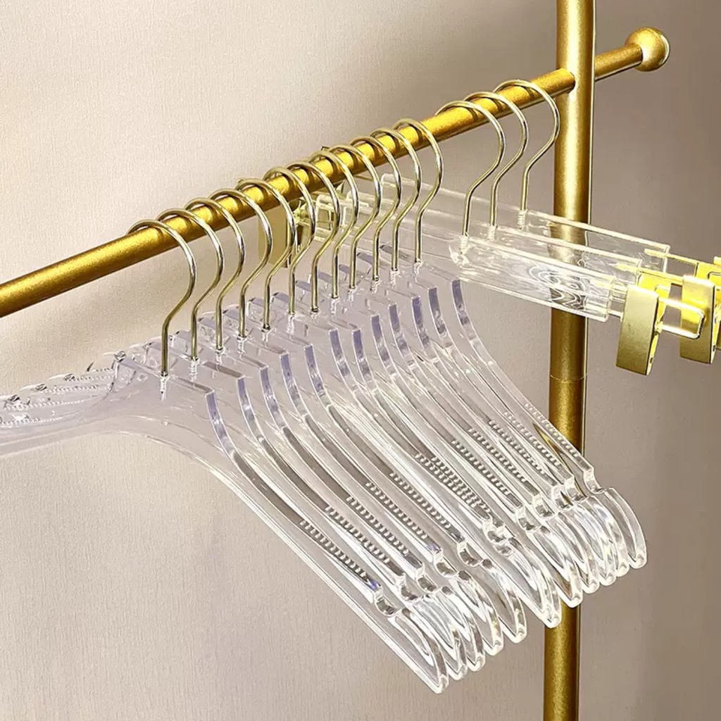 Móc áo Meka trong suốt đầu móc mạ vàng sang trọng- Mắc áo cổ bằng và cổ tròn- Phù hợp cho shop thời trang- Phòng live