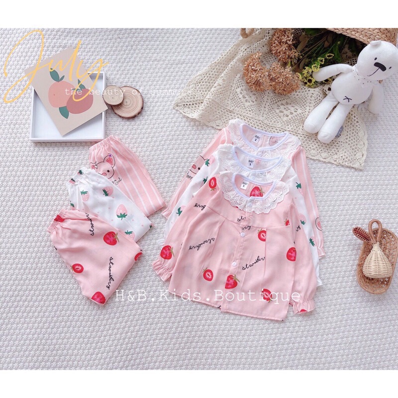 Bộ Ngủ Cổ Ren Dài Tay Chất Đũi Lạnh Cho Bé Gái