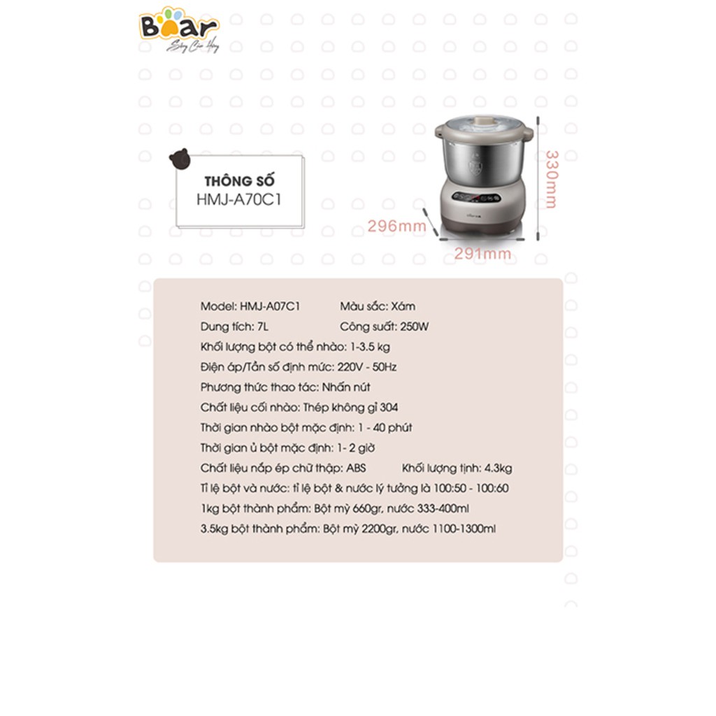 Máy Nhồi Bột, Máy Nhào Bột Tự Động Bear 3.5L, 5L, 7L. Dùng Trộn Bột, Đánh Bột Đa Nẵng, (Bản Quốc Tế), Bảo Hành 18 Tháng