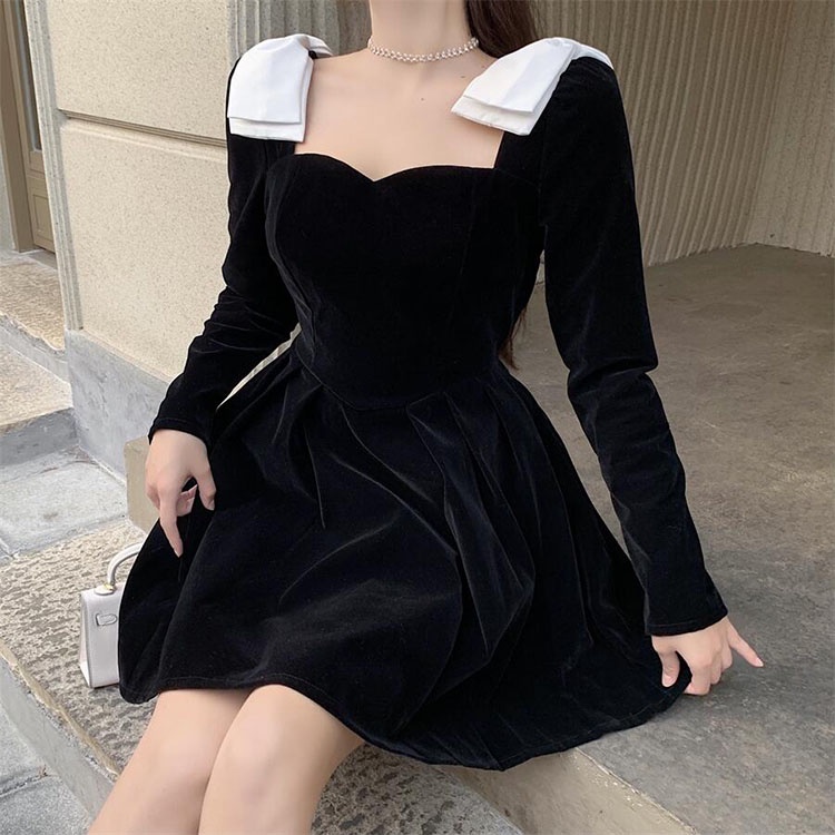 Đầm Xòe Nữ Vải Nhung Màu Đen Dài Váy Liền Cổ Vuông Vai Phối Nơ Trắng Phong Cách Pháp Hàng Quảng Châu Cao Cấp Đi ăn Tiệc | BigBuy360 - bigbuy360.vn