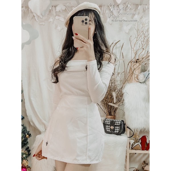 Set áo bẹt vai bo tay dài phối chân váy thêu