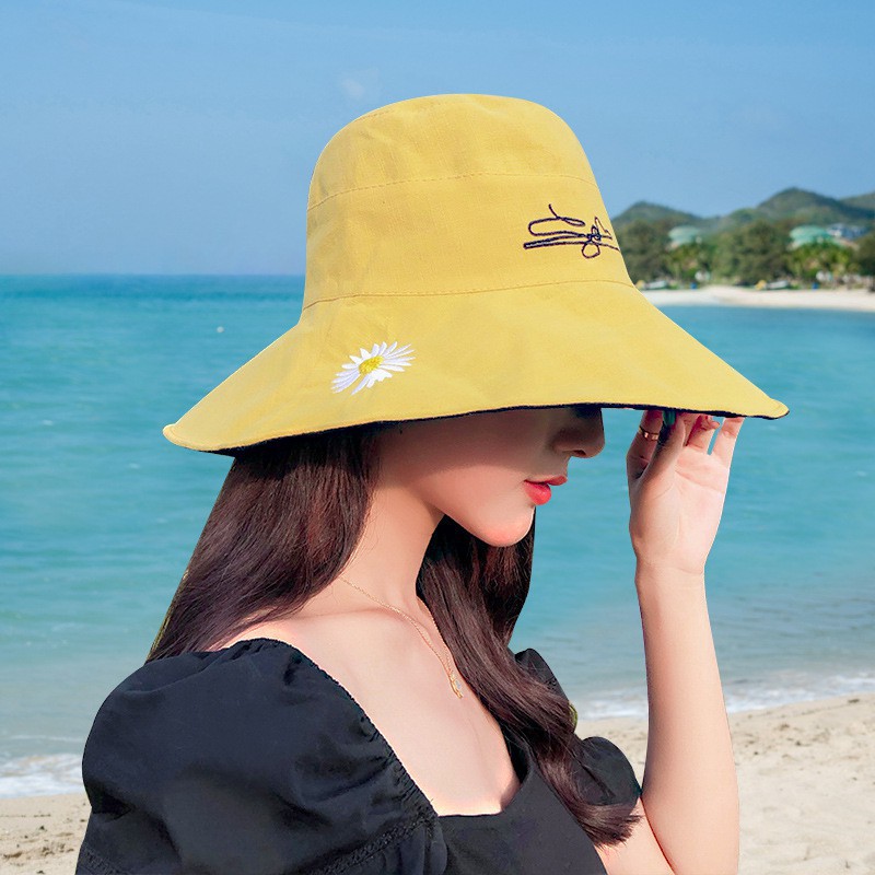 Mũ bucket nữ đẹp vành rộng thêu hoa cúc sử dụng hai 2 mặt thời trang trẻ trung, chống nắng,free size