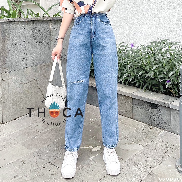 Quần jean nữ baggy lai wax rách gối 371 THOCA HOUSE xanh đậm trẻ trung, hiện đại chuẩn form dày dặn