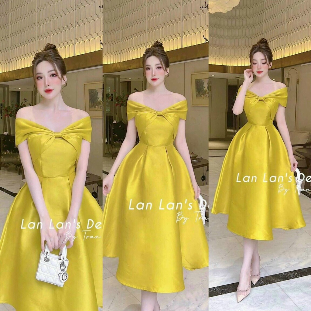 Đầm công chúa dáng dài trễ vai, đầm tiểu thư đi dự tiệc cưới sang trọng, quý phái phong cách hàn quốc