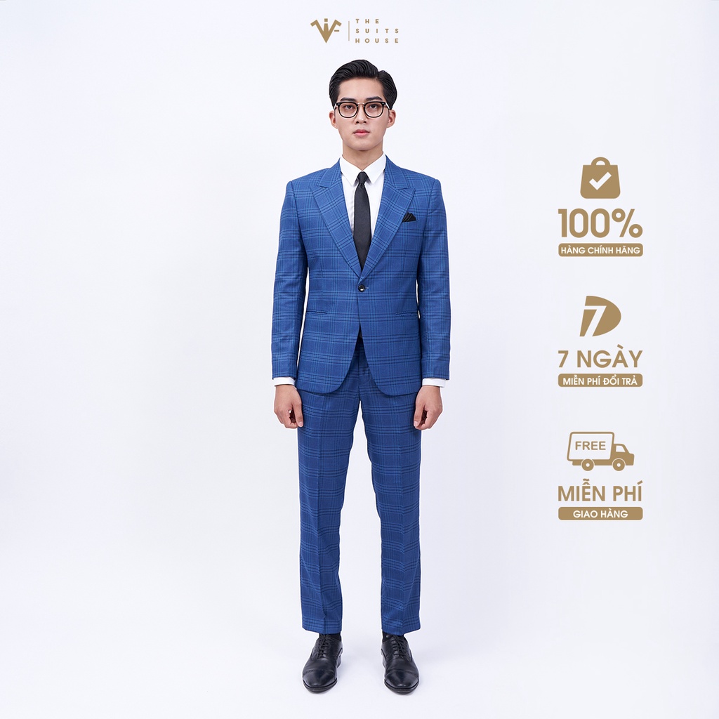 Bộ vest nam xanh kẻ ô, suits sartorial, 1 khuy 2 túi, form ôm The Suits House