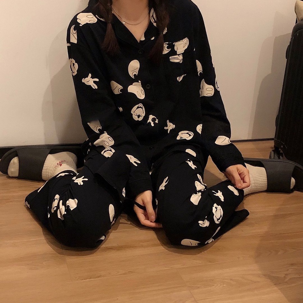 Đen Bộ Đồ Ngủ Tay Dài Dáng Rộng In Hình Chuột Mickey Phong Cách Nhật Hàn Thời Trang Thu Đông Cho Nữ | BigBuy360 - bigbuy360.vn