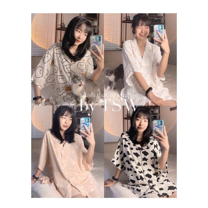 Bộ đồ ngủ pijama nữ ngắn tay, có cổ, form rộng chất mát kèm scrunchies  - The Sweater Weather