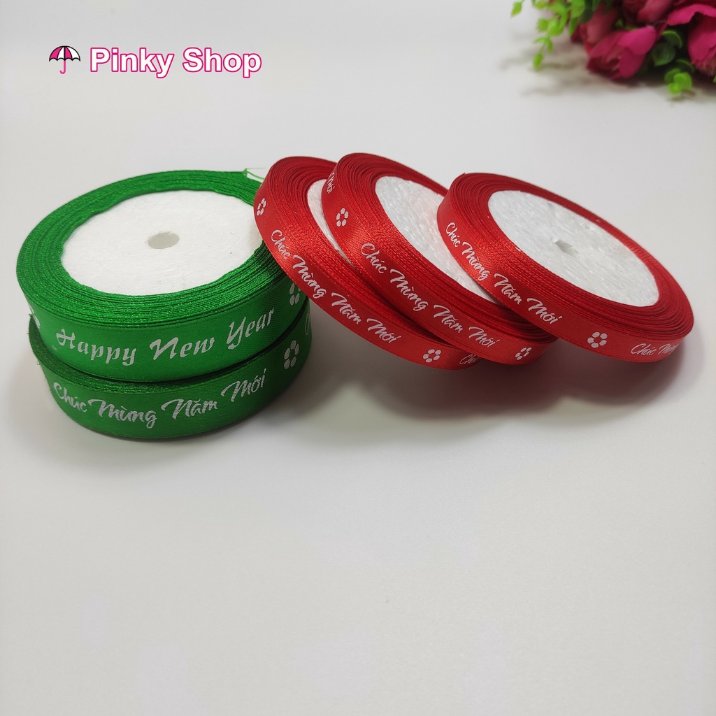[Giá rẻ 1 cuộn]Ruy băng chữ happy new year Merry Christmas lụa vải 1cm cuộn 20 mét dùng làm phụ kiện handmade Pinky Shop