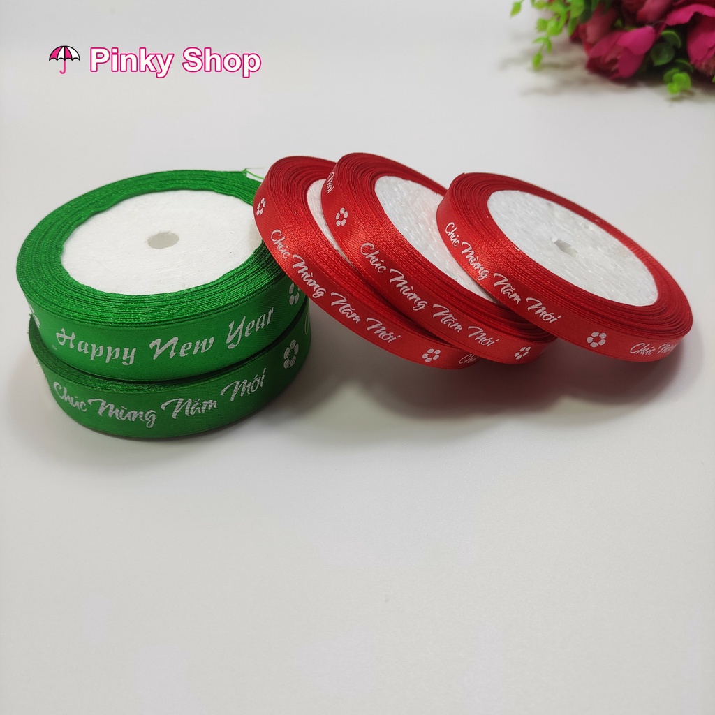 [Giá rẻ 1 cuộn]Ruy băng chữ happy new year Merry Christmas lụa vải 1cm cuộn 20 mét dùng làm phụ kiện handmade Pinky Shop