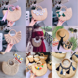 【Hàng sẵn sàng】 [TẶNG HOA CÀI TÓC]Túi/giỏ cói đan lục bình bán nguyệt