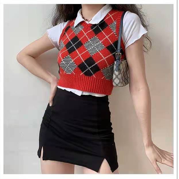 SUXI Áo Len Nữ Cộc Tay Cổ Chữ V Thời Trang Hàn