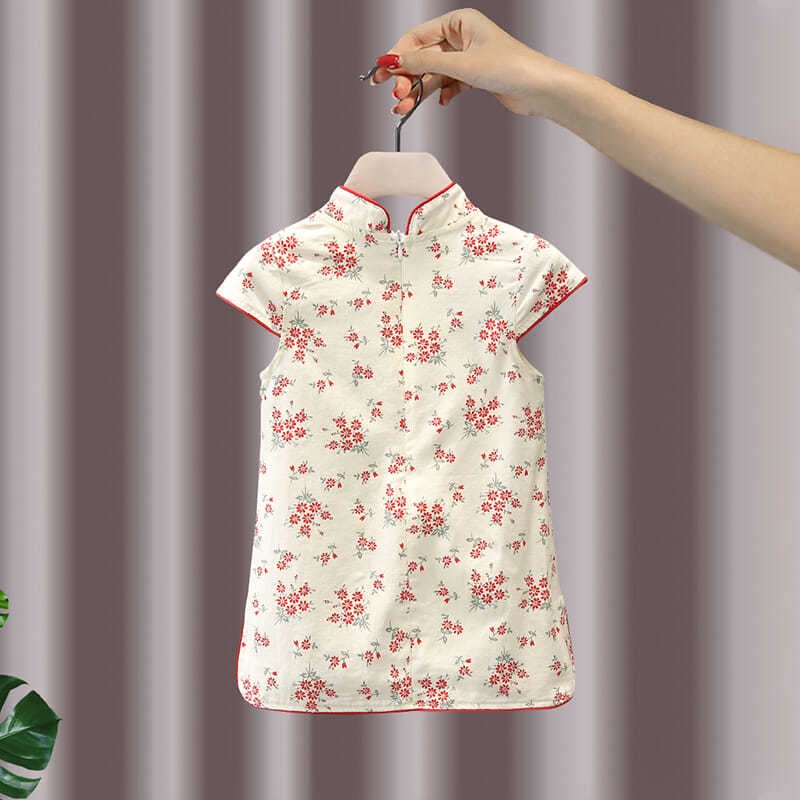 Đầm Sườn Xám Tay Ngắn Họa Tiết Hoa Kiểu Trung Hoa Xinh Xắn Cho Bé Gái 80-140 yards