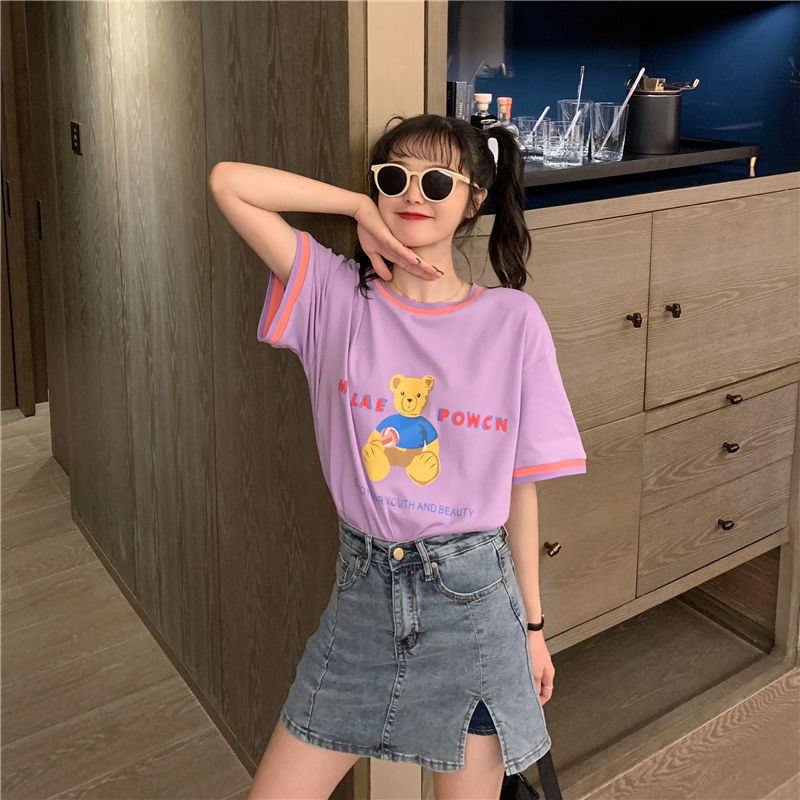 Áo thun ngắn tay dáng rộng in hình gấu kiểu Hồng Kông cá tính cho nữ