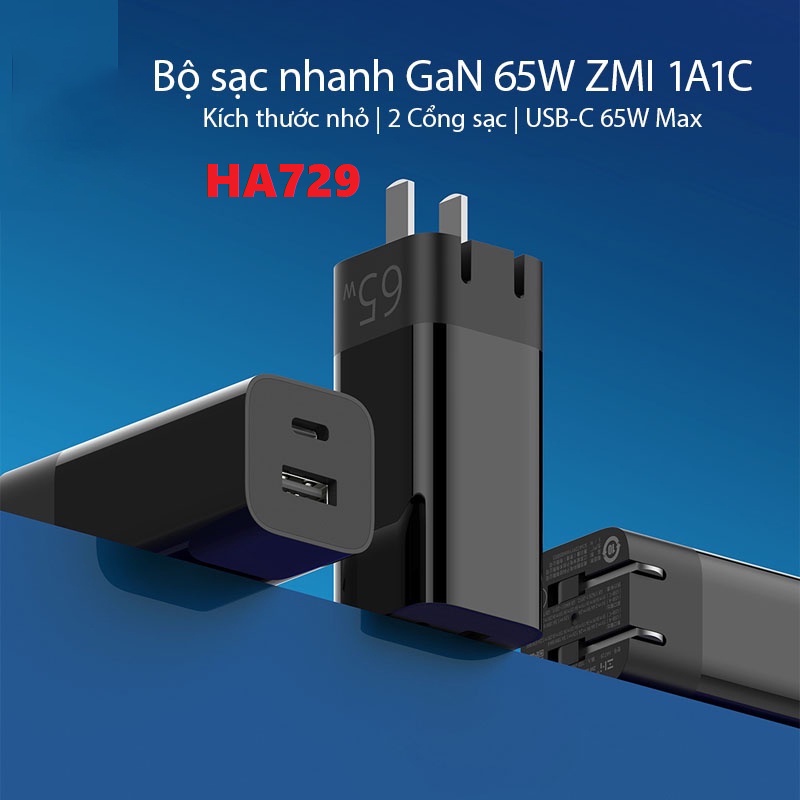 Củ sạc nhanh 65W Xiaomi ZMI HA729 GaN 1A1C chính hãng
