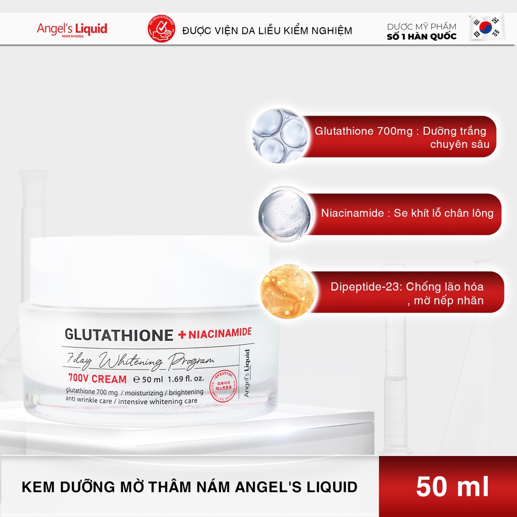 Kem Dưỡng Trắng Se Khít Lỗ Chân Lông Angel's Liquid Glutathione + Niacinamide 7Day Whitening Program 700V-Cream 50ml