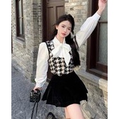 Set váy nữ thiết kế 3 món gile dạ + áo sơ mi nơ + chân váy nhung - Luve store