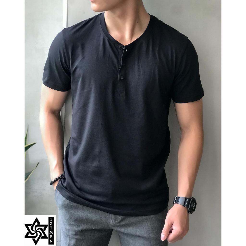 Áo Thun Trơn Cổ Tàu Có Cúc Chất Cotton Co Giãn 4 Chiều Thoáng Mát Form Slimfit Ôm Gọn Phù Hợp Đi Chơi Đi Làm