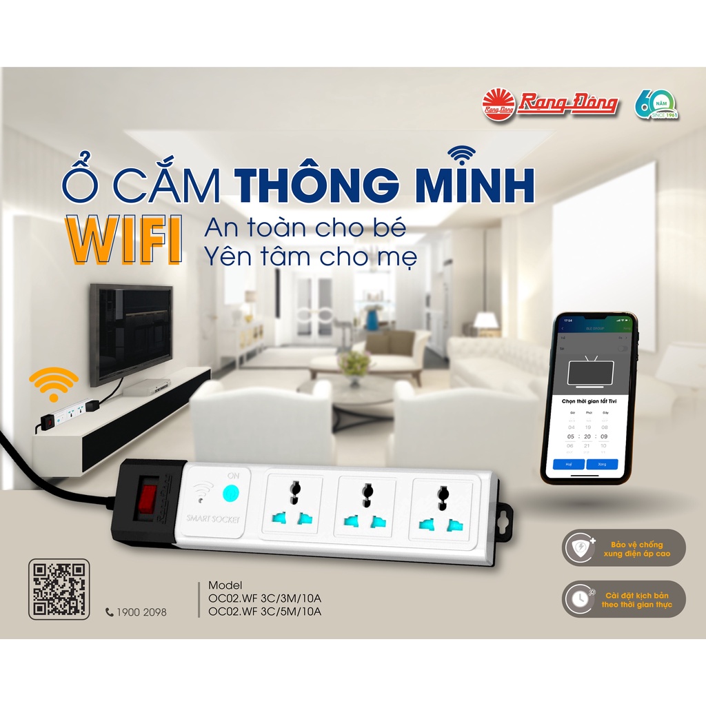 Ổ cắm thông minh Wifi 3m OC02.WF 3C/3M/10A Rạng Đông