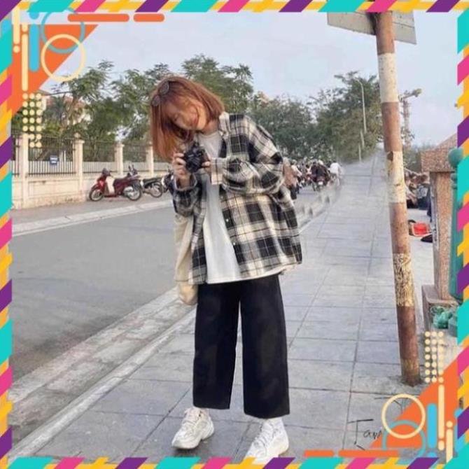 [Mặc Bao Đẹp]Áo sơ mi kẻ caro 4 màu 2 túi lệch dài tay phom rộng unisex/ Áo khoác chống nắng oversize nam nữ kẻ caro  ྇