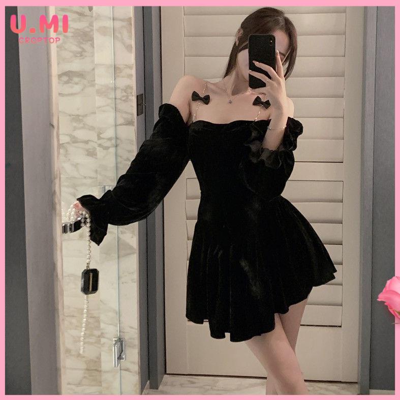 Váy babydoll Đầm Dự Tiệc Một Mảnh Dáng Chữ A Tay Loe Hở Vai Họa Tiết Kim Cương Màu Trơn Kiểu Pháp Xinh Xắn