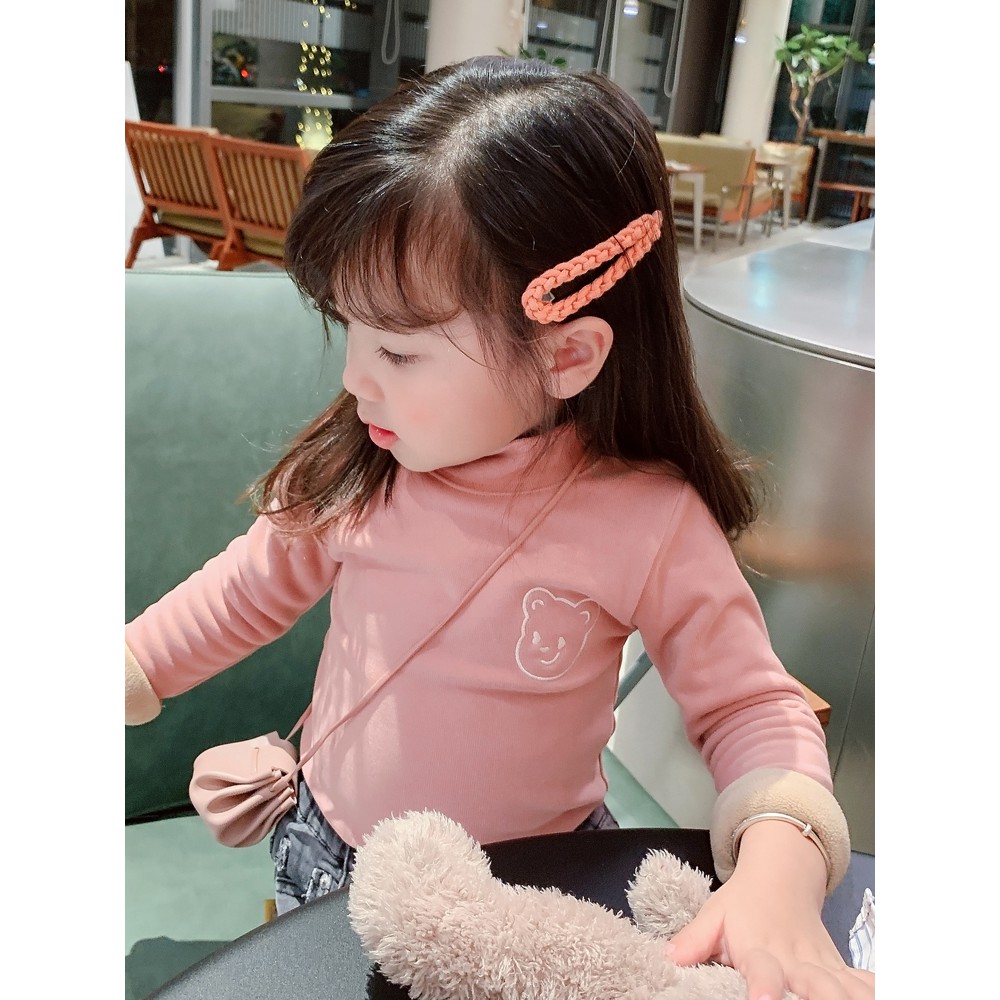 Áo thun tay dài cổ cao màu trơn thêu họa tiết hoạt hình dễ thương cho bé gái