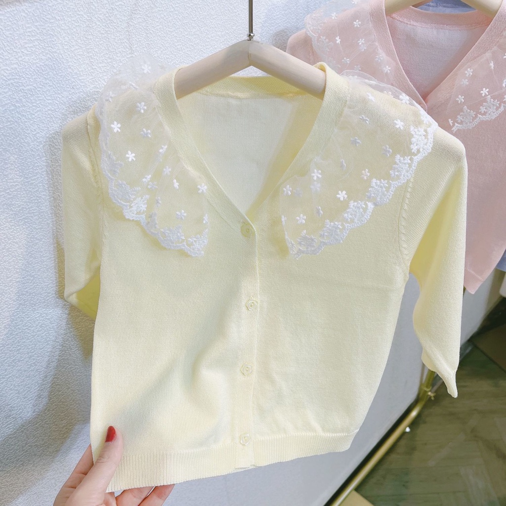 Áo Khoác Len Cardigan Mỏng Phối Ren Xinh Xắn Cho Bé Gái