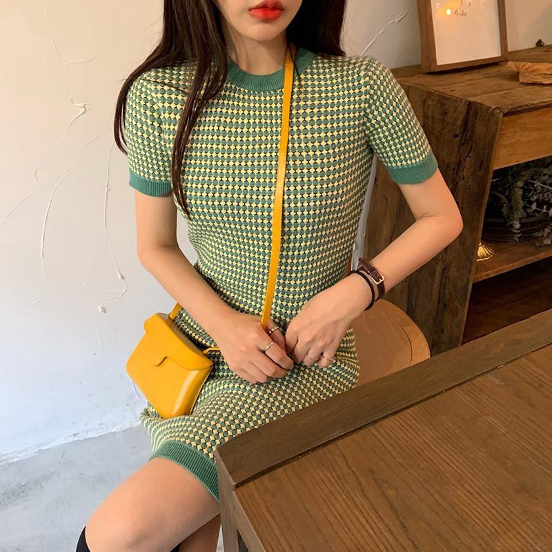 Đầm ôm body cổ tròn họa tiết kẻ sọc ngang thời trang gợi cảm cho phái nữ