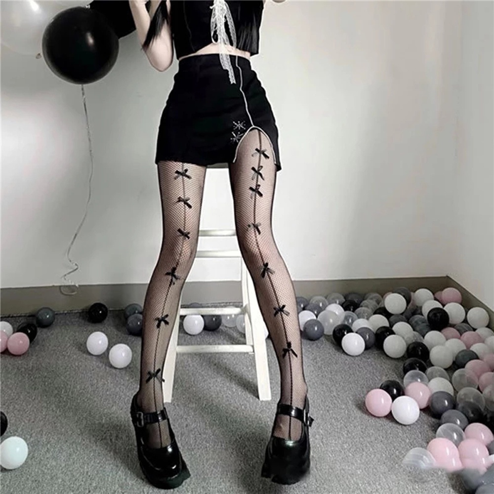 Quần Tất Lưới Xuyên Thấu Đính Nơ Phong Cách Lolita Nhật Bản Cho Nữ Trong Suốt