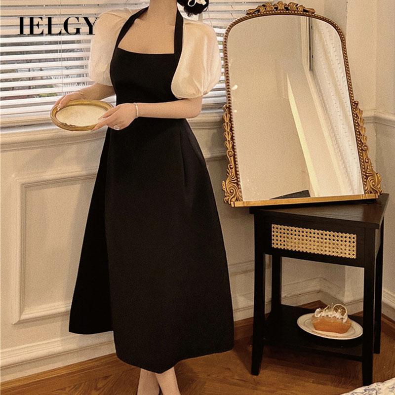 IELGY Đầm cổ vuông tay phồng màu đen thời trang cho nữ