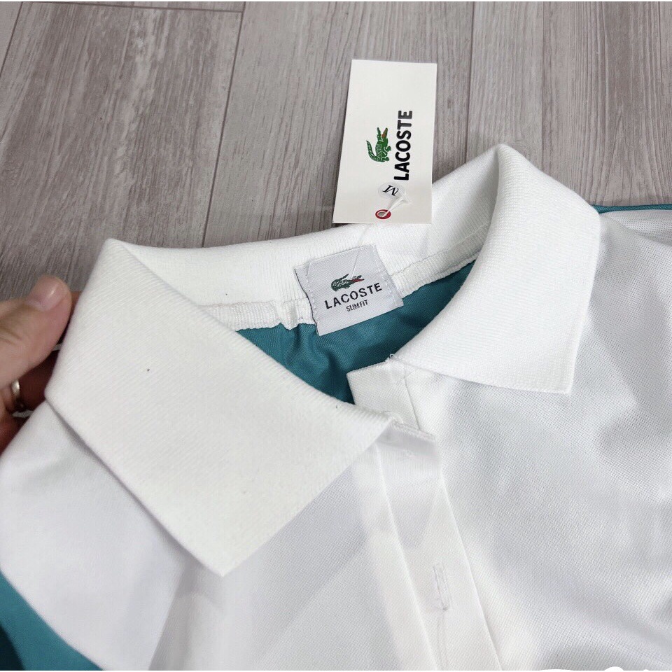 Áo thun polo Lacoste trắng kẻ xanh unisex nam nữ chất cotton cá sấu đẹp