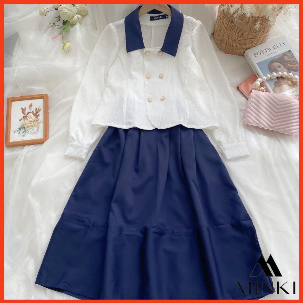 [HOT_FASHION] SET SƠ MI CÚC CHÂN VÁY XANH THAN CỔ ĐIỂN - CHẤT LIỆU CAO CẤP - PHỐI MÀU TRẮNG VÀ XANH ĐEN | BigBuy360 - bigbuy360.vn