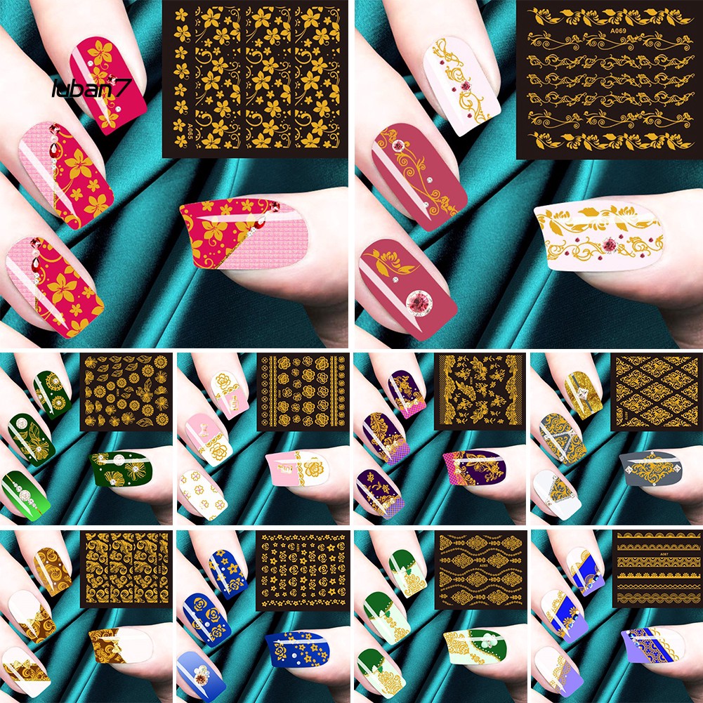LB☺10 Sheets Shinny Golden Tone Nail Art Tip Stickers Flower Leaf Manicure Decals