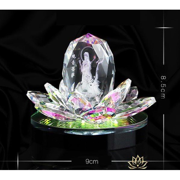 Hoa sen pha lê khắc 3D Phật Quan Âm tọa tòa sen mang đến bình an, tỏa hương trang trí độc đáo & ý nghĩa