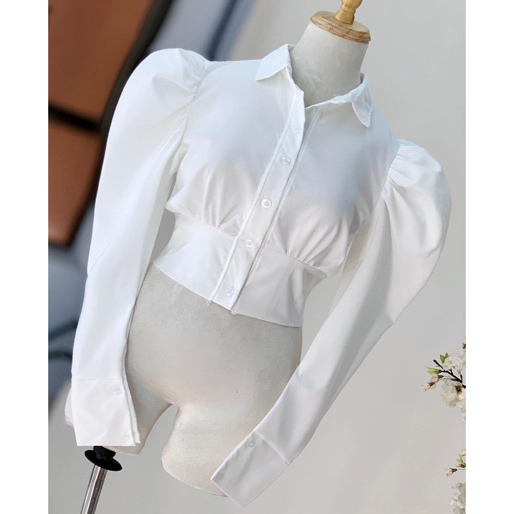 Áo sơ mi croptop vai phồng tay dài màu trắng suystore hàng thiết kế [Ảnh thật] | BigBuy360 - bigbuy360.vn