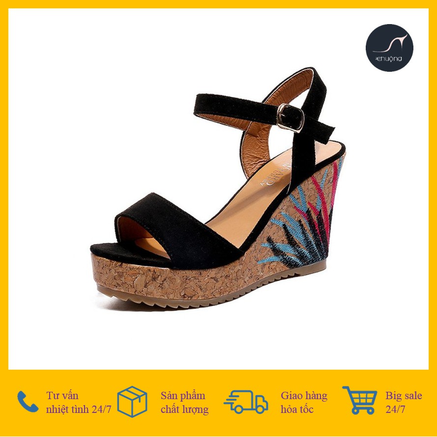 [ ẢNH THẬT ] GIÀY ĐẾ XUỒNG NỮ SANDAL THÊU HOA CỰC CHẤT THỜI TRANG ĐỘC ĐÁO HÀN QUỐC 10cm