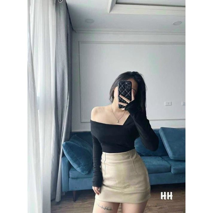 Áo thun nữ kiểu lệch vai phối cổ cách điệu