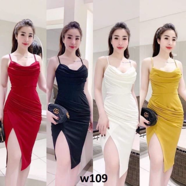 🎀ĐẦM DỰ TIỆC BODY ÔM HAI DÂY CỔ ĐỔ XẺ ĐÙI GIÁ RẺ