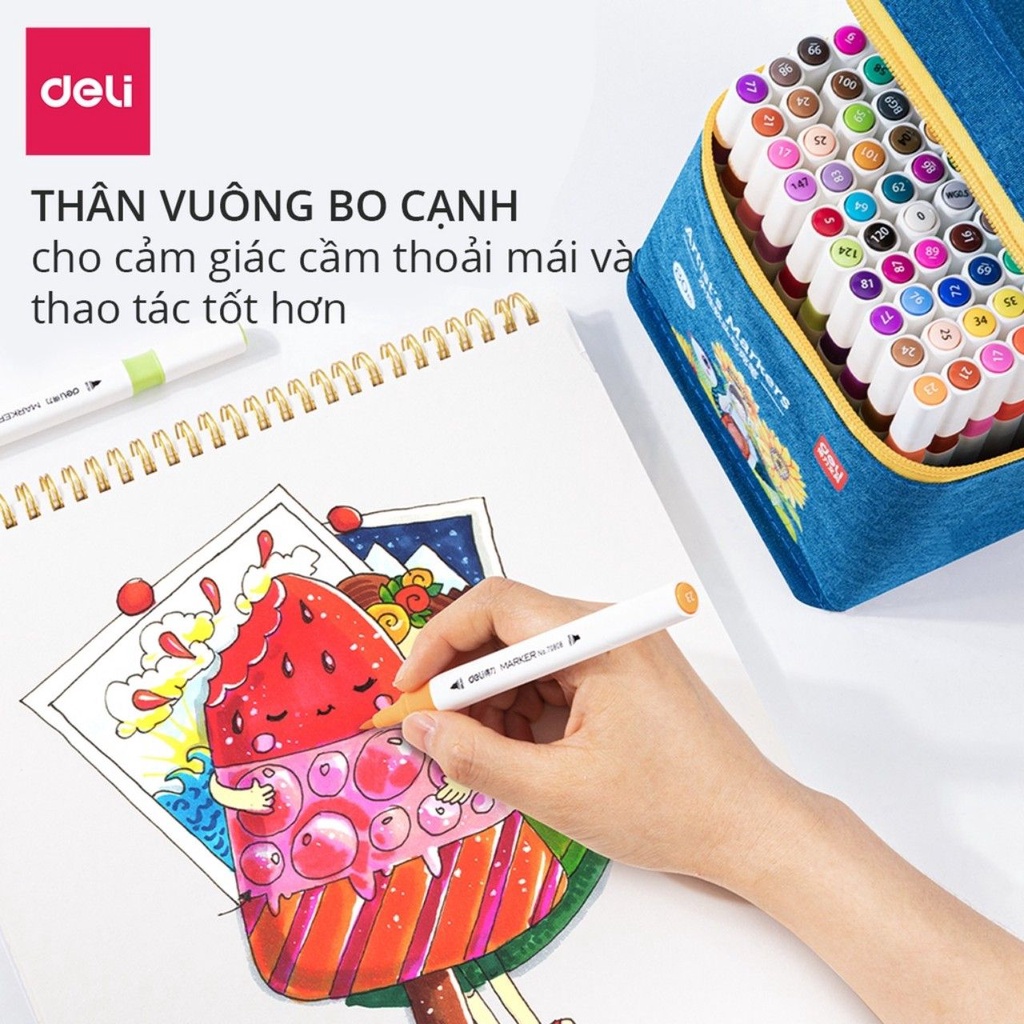 Bút màu marker 2 đầu túi vải bò - mực có thể rửa được - có đầu brush và vát dùng để đi nét, viết caligraphy Deli 70808