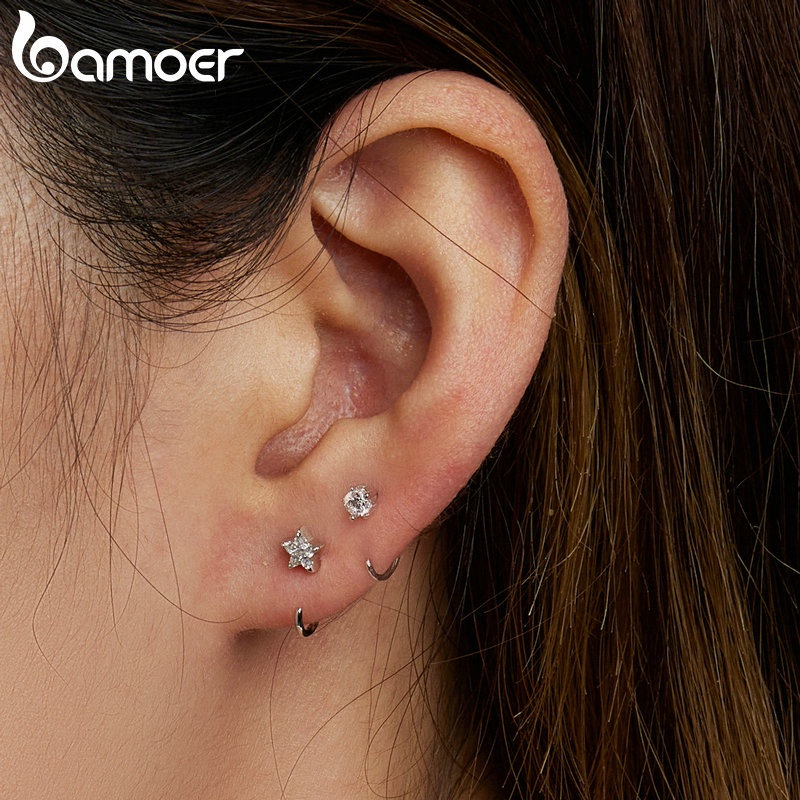 Set 2 đôi khuyên tai BAMOER bạc 925 kiểu ngôi sao thời trang