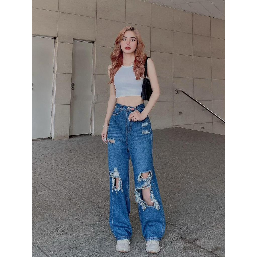 [ORTD5310] QUẦN JEANS ỐNG RỘNG NỮ LƯNG CAO RÁCH 3 MẢNG KÈM 2 MẢNG NHỎ ĐÙI MÀU XANH ĐẬM THỜI TRANG XỊN SÒ SIÊU ĐẲNG CẤP