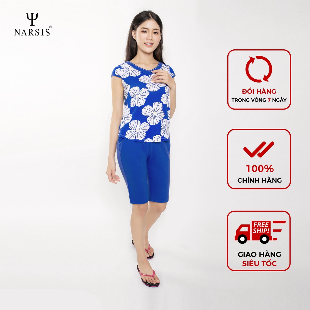 Bộ đồ hè nữ Narsis M8088 chất liệu Cotton màu hoa trắng xanh dương
