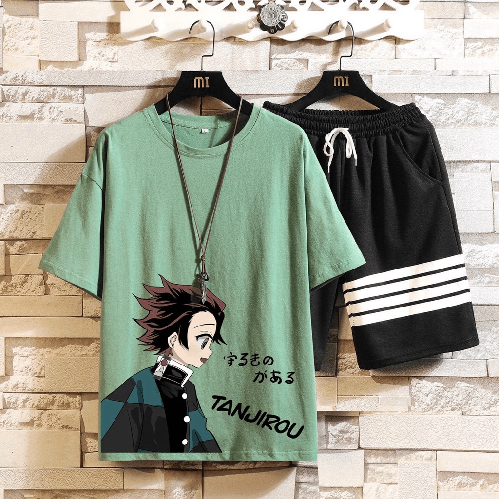 Set áo thun nam in hoạt hình TANJIROU, áo thun nam tay ngắn, quần đùi nam kẻ sọc ngang