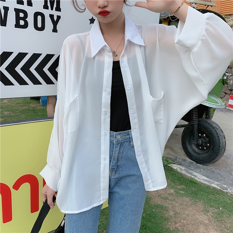 SUXI Áo Sơ Mi Trắng Vải Chiffon Tay Dài Chống Nắng Thời Trang Mùa Hè Cho Nữ