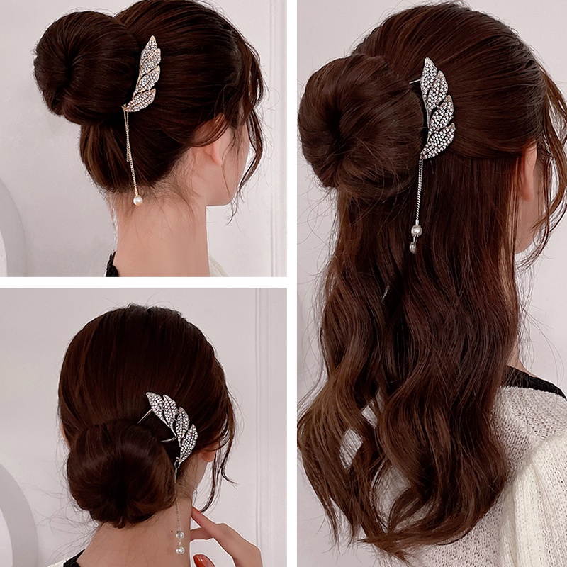 Trâm cài tóc hình chữ U thiết kế hình cánh tua rua đính ngọc trai giả bằng kim loại sang trọng thời trang