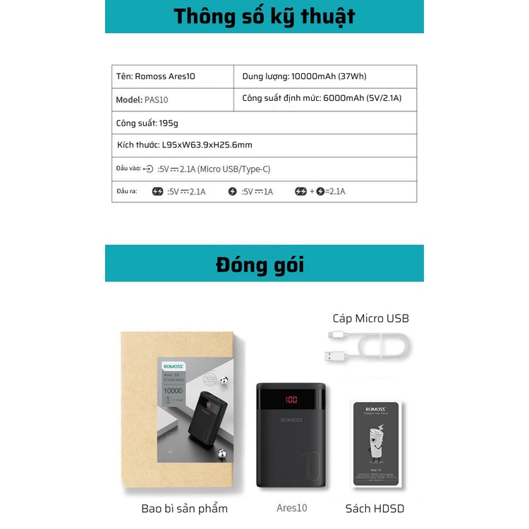 Pin dự phòng 10000mAh, Romoss Ares 10, 2 cổng Input, Màn hình LED, Sạc nhanh 2.1A, nhỏ gọn,bảo hành 12 tháng