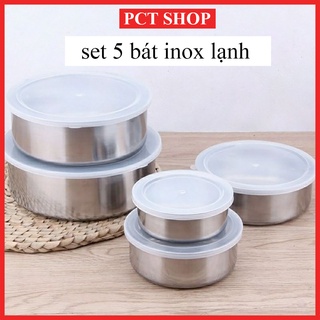 Set 5 bát inox có nắp đậy, mang đồ ăn, để tủ lạnh tiện dụng - Hộp trữ đông lạnh 5 kích cỡ