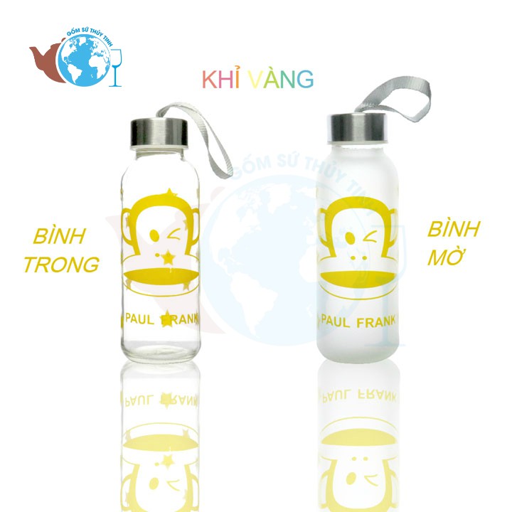 Bình đựng nước thủy tinh in hình ngộ nghĩnh có dây xách 300ml