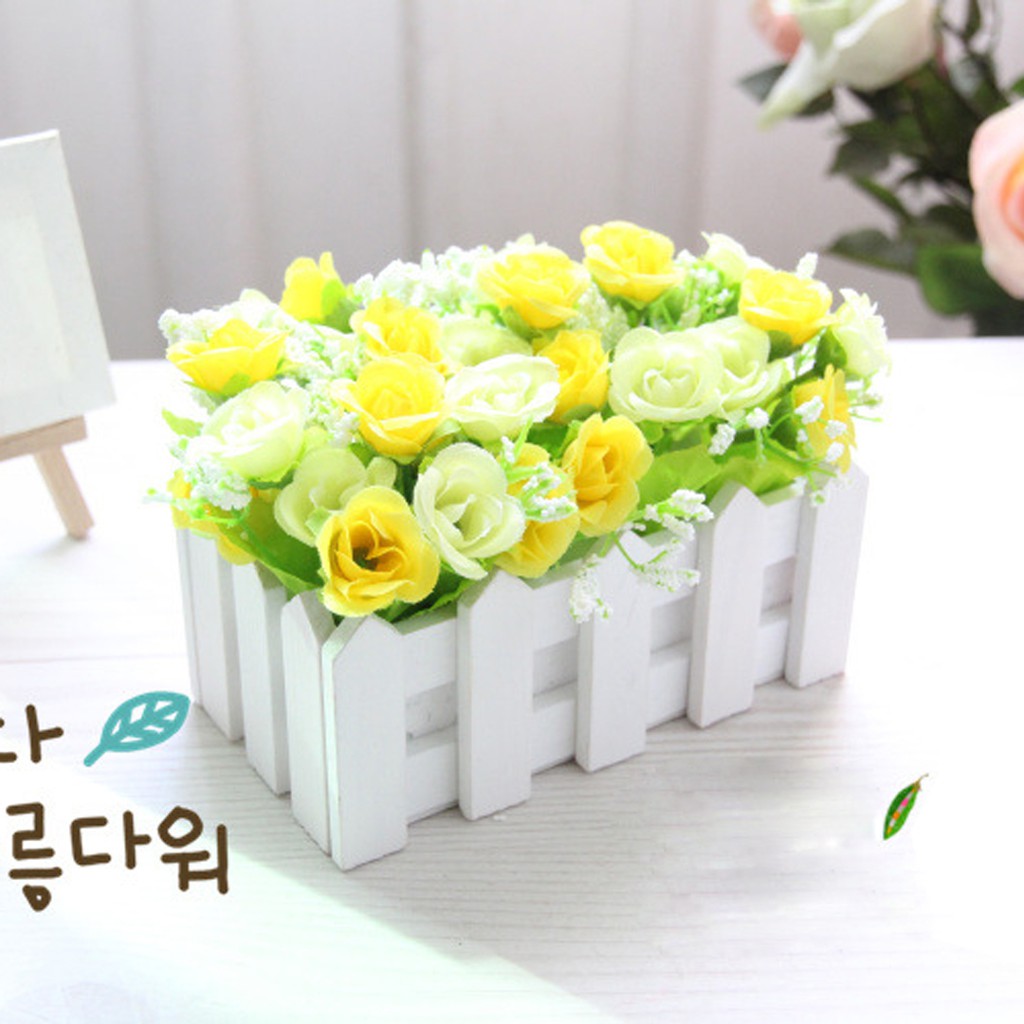 Hoa giả trang trí để bàn KHALIK, giỏ hoa hồng - hàng rào HF008
