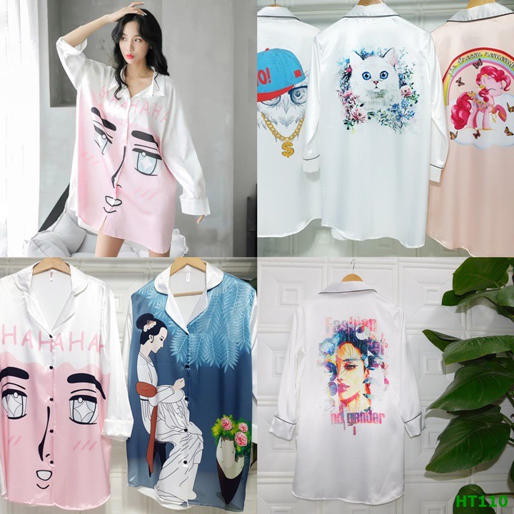 Đầm ngủ pijama kiểu dáng sơ mi hàng thiết kế chất vải lụa cao cấp - váy ngủ sơ mi lụa dài tay Hàn Quốc màu trắng